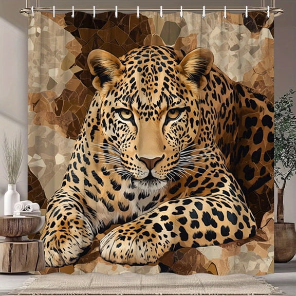 Mosaic Leopard Shower Curtain with Hooks, Waterproof Polyester Fabric, 70x70 Inch Bathroom Decor