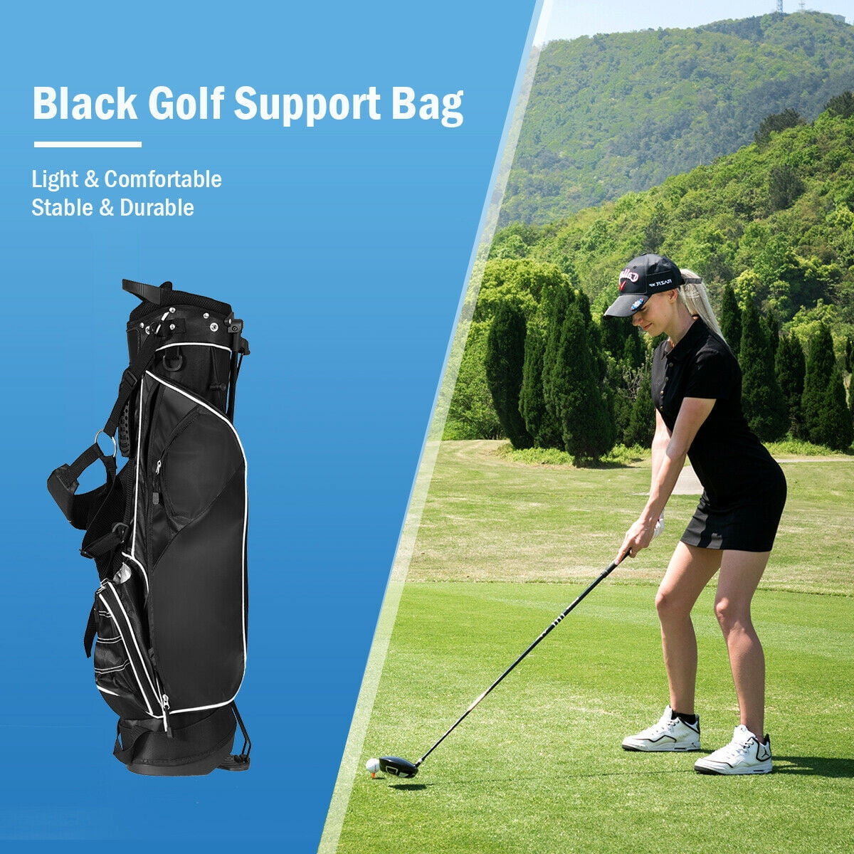 Gymax Black Golf Stand Cart Bag Club with Carry Organizer Pockets