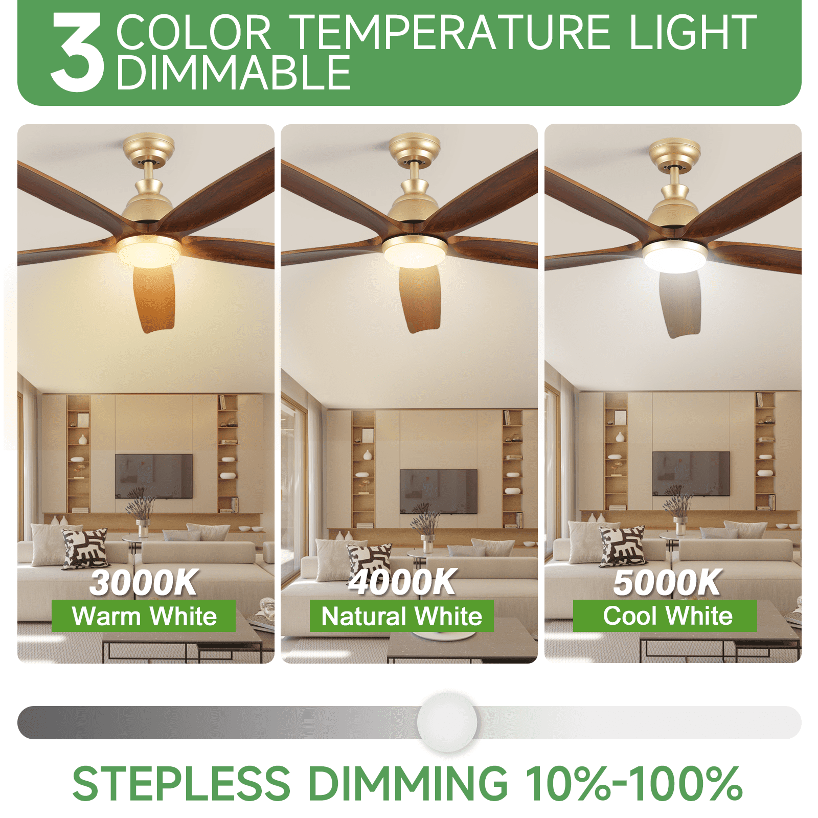 52 inch Gold Ceiling Fan with Light, Solid Wood 5 Blades Modern Farmhouse Large Airflow Brass Ceiling Fan for Indoor Outdoor Bedroom Kitchen Porch