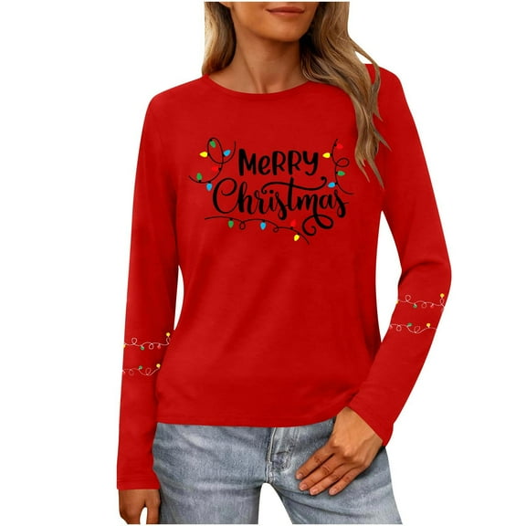 Christmas T Shirt for Women Long Sleeve Round Neck Fashion Xmas Graphic Casual Sweatshirt Tops (XL, Red)