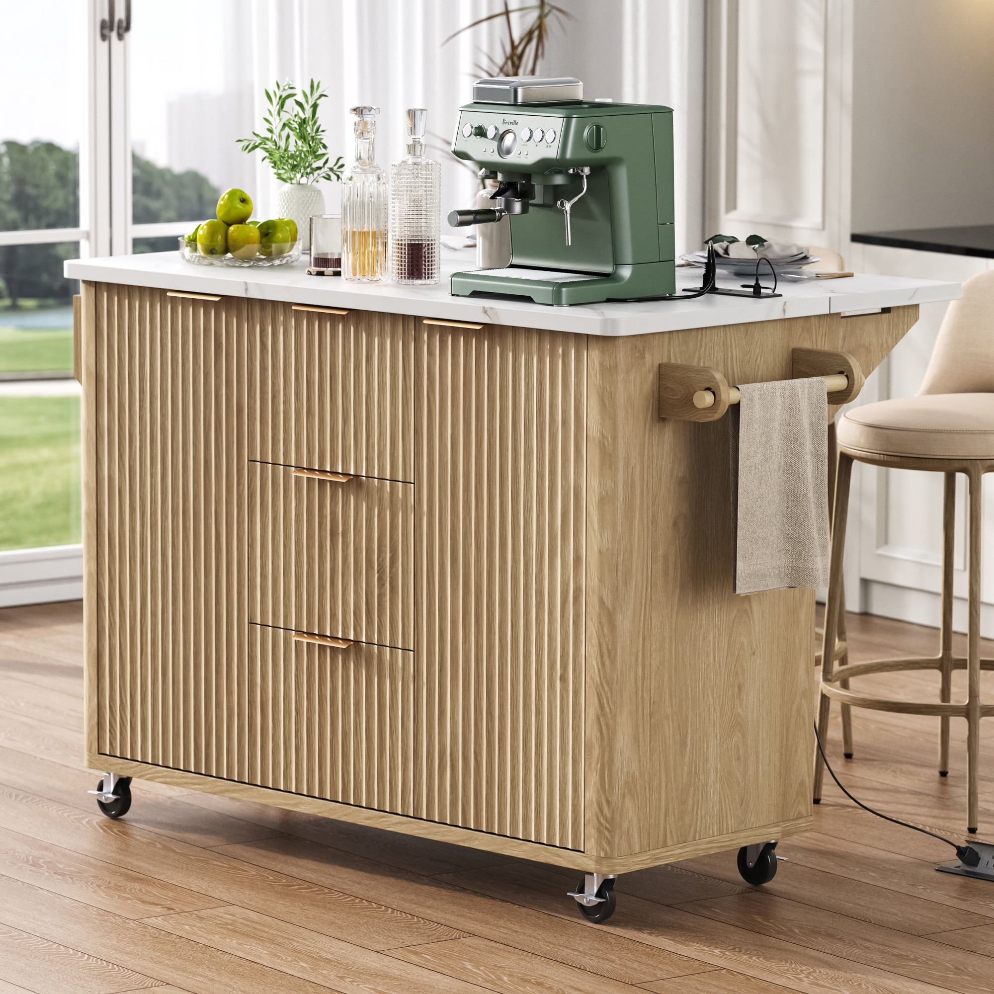 55.5" Fluted Kitchen Island with Drop Leaf, Power Outlet, Storage-6 Door Shelves, Adjustable Shelves, Faux Marble Top, Curved Edge for Dining Room