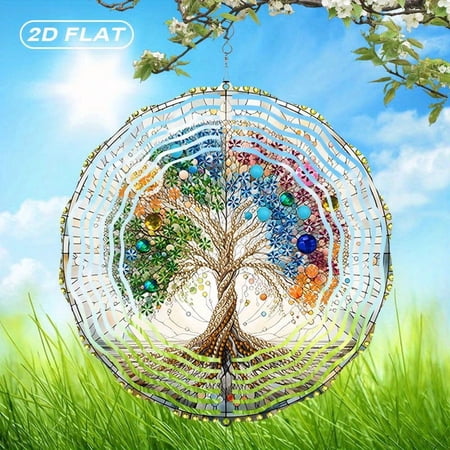 HELLOYOUNG Bohemian Tree of Life Wind Chimes , 10 Inch 2D Flat Metal Wall Hanging Decor with Colored Beads & Gems for Indoor Outdoor Garden Yard
