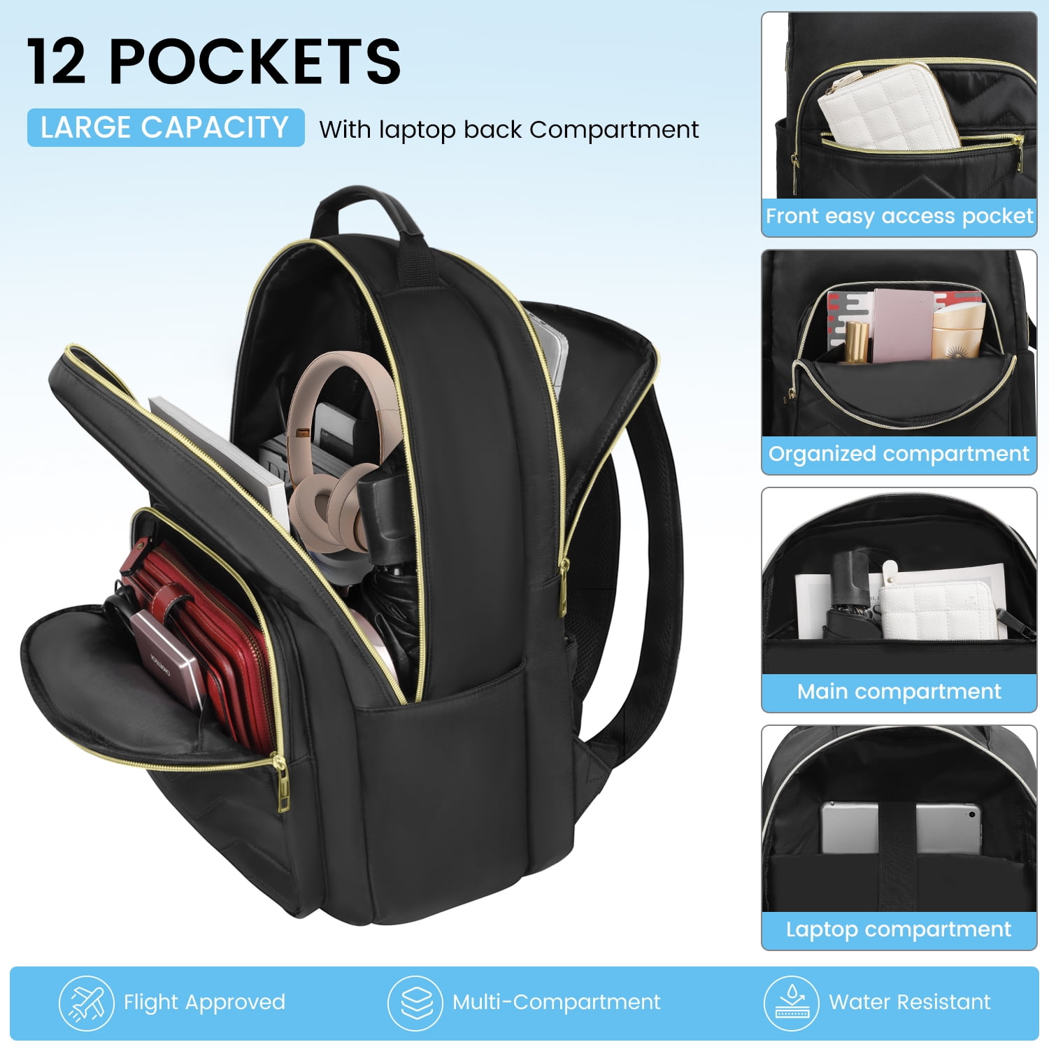 CshidWorld Laptop Travel Backpack, Water Resistant College Work Backpack for Men/Women Laptop Bag with USB Charging Port, Fits 15.6 Inch Laptops, Black
