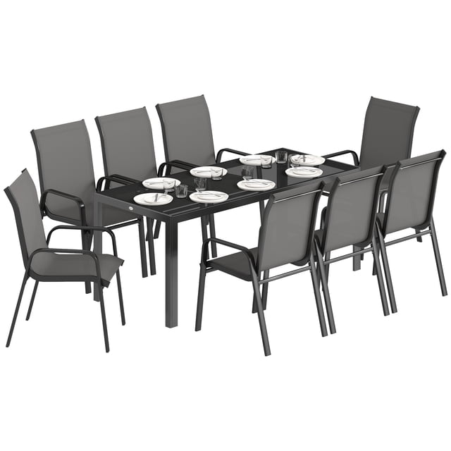 Outsunny 9PCS Patio Dining Set Patio Table and Stackable Chairs, Dark Grey