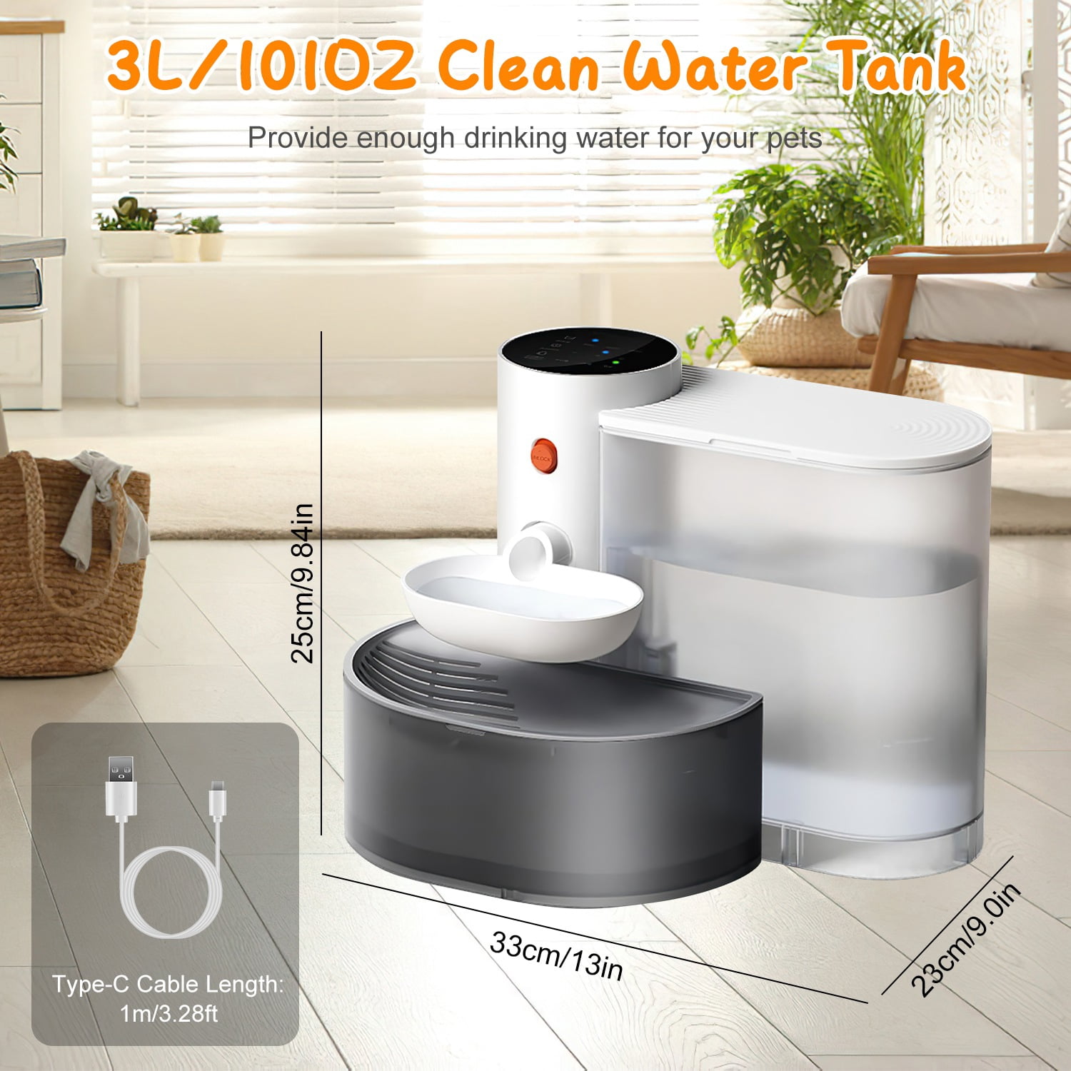 Zorpupoa 1Pc Smart Automatic Water Fountain for Cat Dog 3L 101OZ Pet Water Dispenser Cordless Rechargeable Dog Water Fountain Self-Refill with 3 Adjustable Volume 3 Time Intervals Touch Control