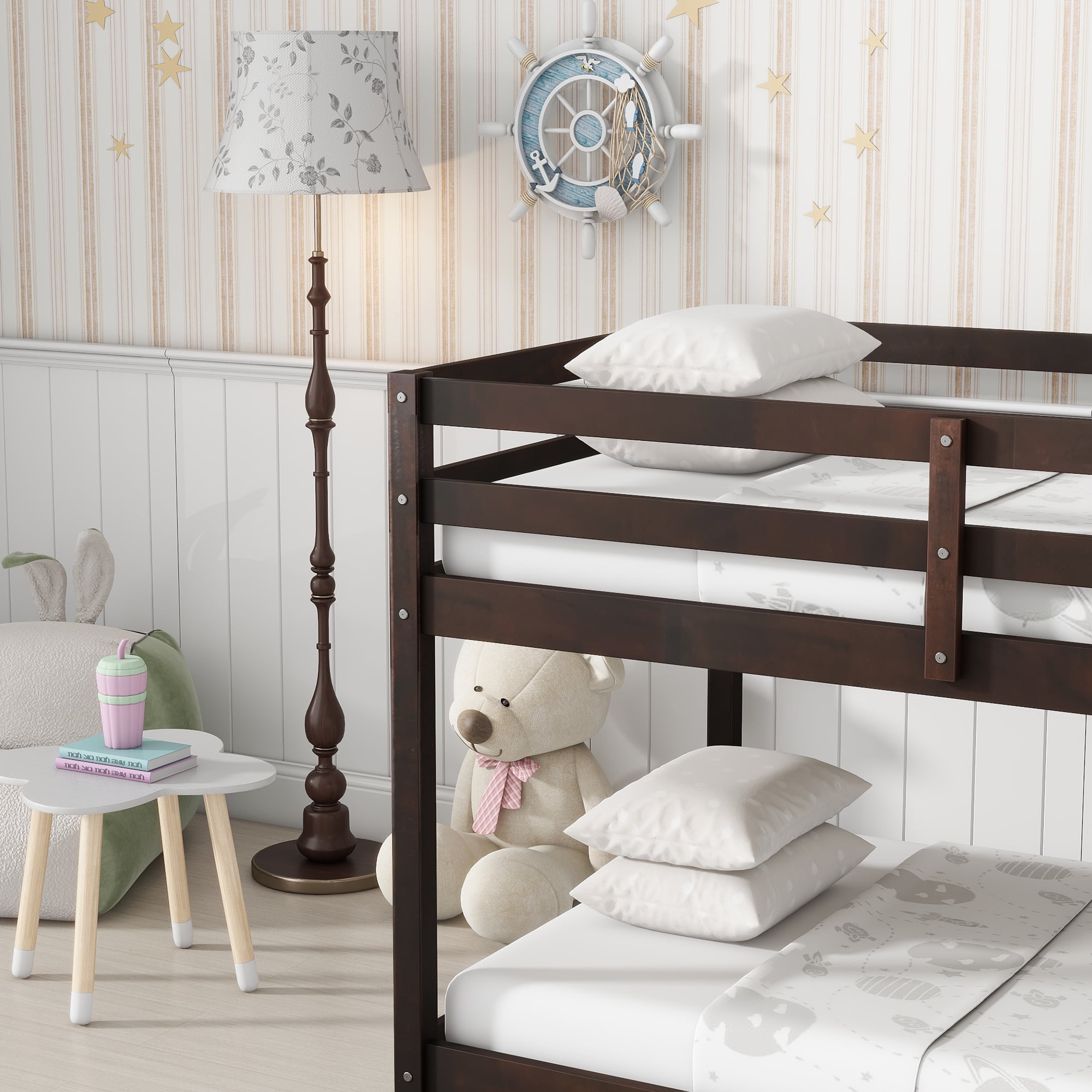 Alvantor Twin Over Twin Bunk Bed, Solid Rubber Wood Low Floor Bunk with Ladder, Espresso