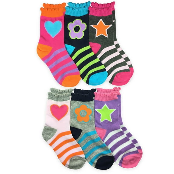 Jefferies Socks Girls Socks, 6 Pack Hearts Daisies Stripes Fun Fashion Cotton Crew Novelty Socks (Little Girls & Big Girls)