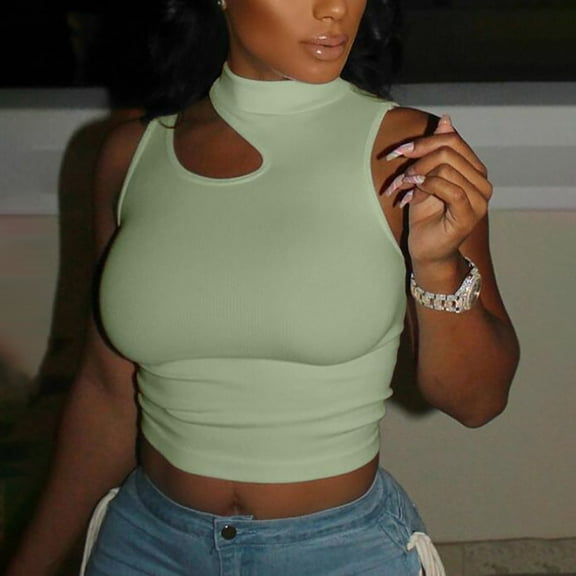 Tank Tops for Women under $5 Turtlneck Sleeveless Solid Cold Shoulder Summer Tops Green L