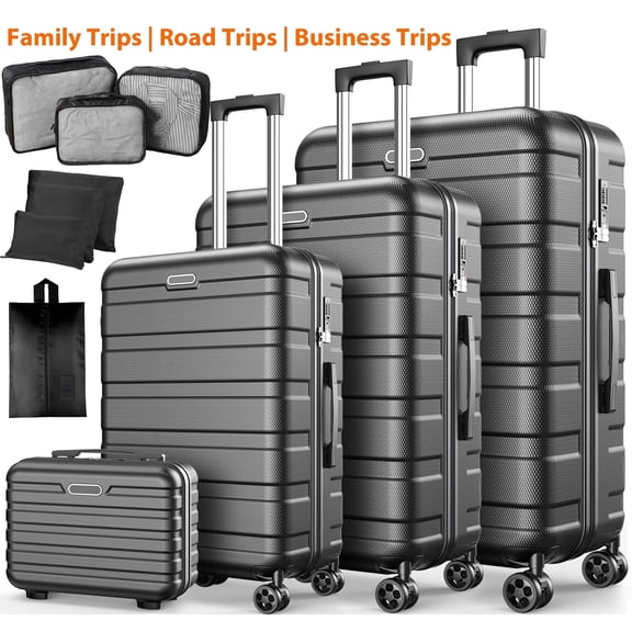 Luggage Sets 11 Piece Hardside Suitcases Set(14/20/24/28)Suitcase with 360° Double Spinner Wheels Integrated Combination l Lock. (Black)