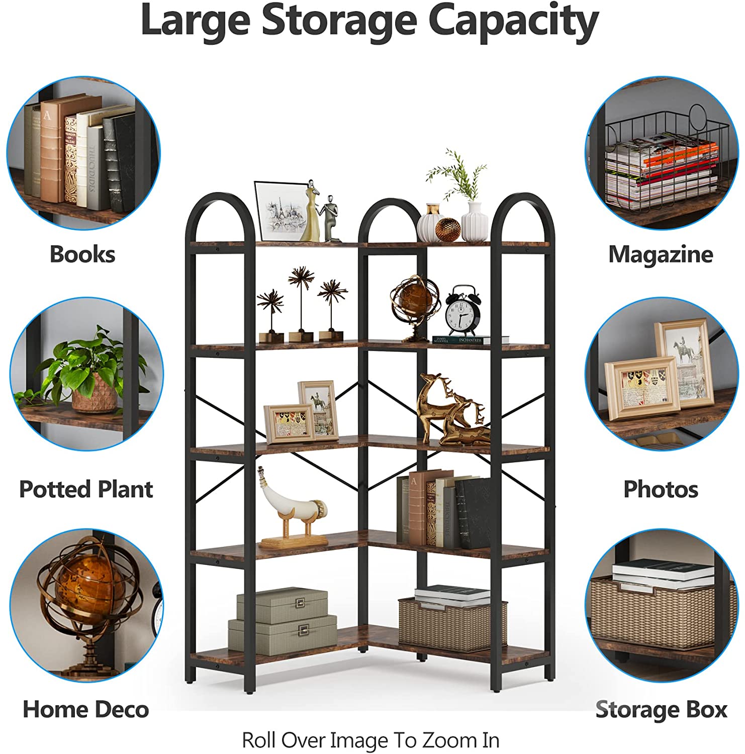 Buy 5Shelf Corner Bookshelf, 71 inch Tall Industrial Corner Bookcase
