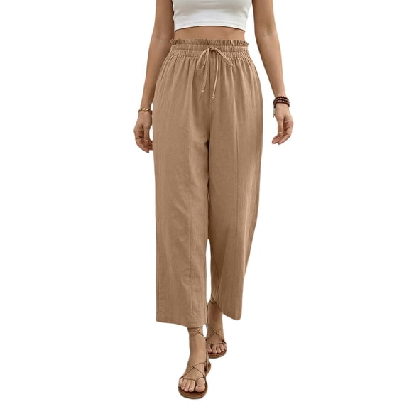 Capri Pants for Women High Waisted Wide Leg Casual Lounge Pant Summer Adjustable Drawstring Trousers with Pockets Khaki 2XL