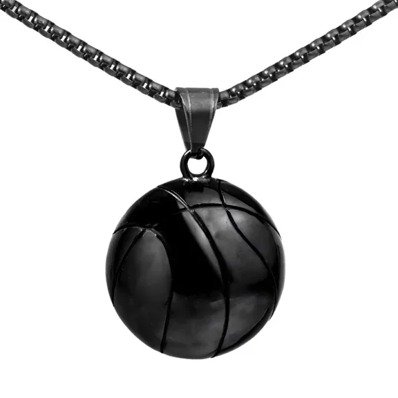 PAMTIER Unisex Stainless Steel Personality Vintage Hip Hop Cool Small 3D Basketball Sports Ball Pendant Necklace Black with Chain