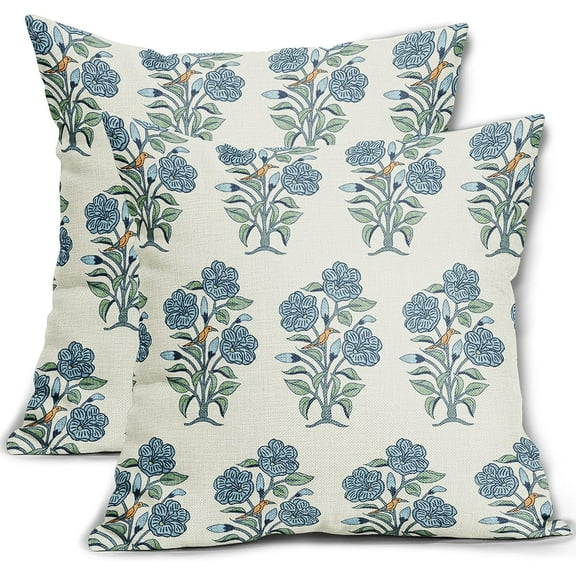 Blue Floral Block Print Pillow Covers 18x18 Light Blue Green Chinoiserie Flowers Birds Monsoon Decorative Pillows Outdoor Linen Farmhouse Cushion Case Pillowcase for Sofa Bed Room Decor Set of 2
