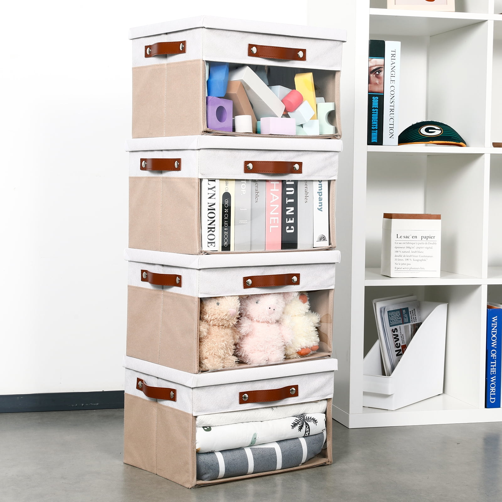 Bidtakay Collapsible Storage Bins with Lid 15 x 11 x 9.7 inch 4-Pack Fabric Closet Organizer with Clear Window Storage Baskets for Shelves Organization (White&Beige)