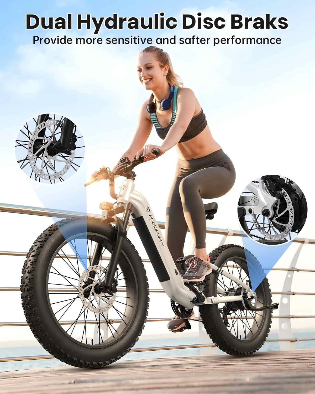 PUCKIPUPPY 26" Fat Tire Electric Bikes for Adults 28mph Top Speed 960W Peak 80Miles Max Range Full Suspension Step Through Ebike 48V 20AH Battery 7 Speed E-Mountain Bike, Comply with UL2849 By SGS