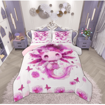 Manfei Girly Pink Axolotl Full Size Comforter Sets for Kids, Kawaii Butterfly Bedding Comforter Set, Romantic Rose Flower Reversible Bedding Sets, Microfiber Bedroom Decor, 3pcs