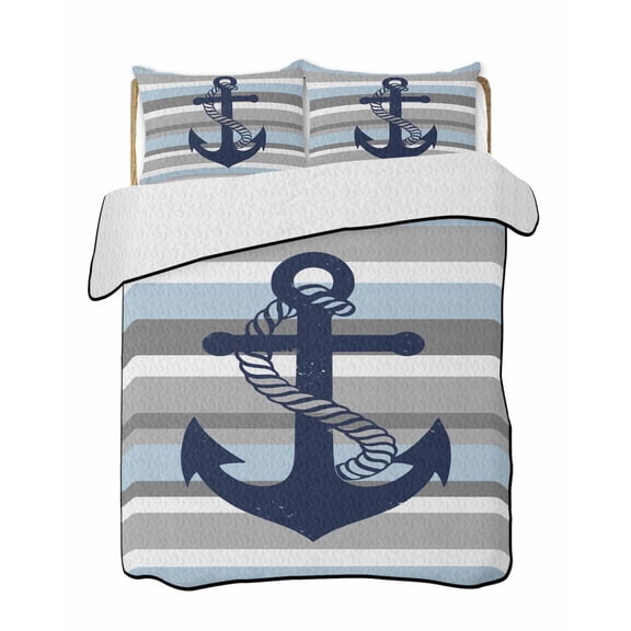 Full Size Quilt Bedding Set, Nautical Anchor Reversible Summer Quilt 3 Pieces, Ocean Grey Blue Stripes Modern Simplistic Lightweight Bedspreads Coverlets with 2 Pillow Shams for All Seasons