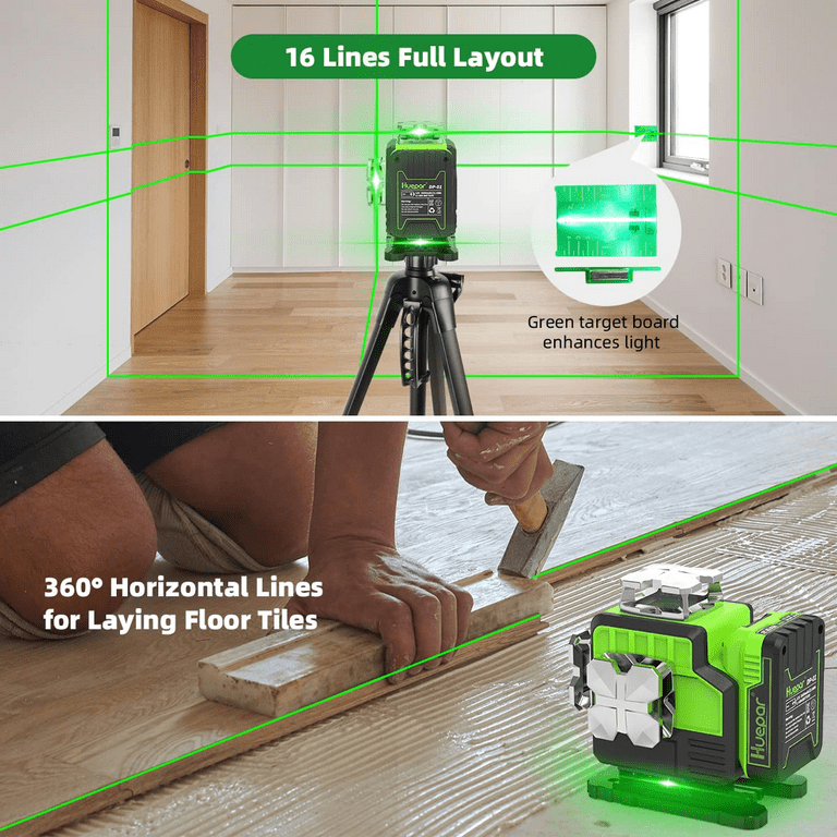 Huepar Laser Level Self Leveling 2x360°outdoor Bluetooth Green Beam Cross  Line for Construction and Picture with Pulse Mode, 360° Horizontal and