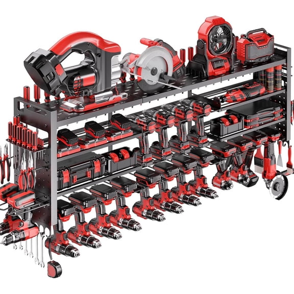 Power Tool Organizer Wall Mount, Heavy Duty Tool Storage with Cordless Drill Holder, Garage Organization for Garage and Workshop (Black)