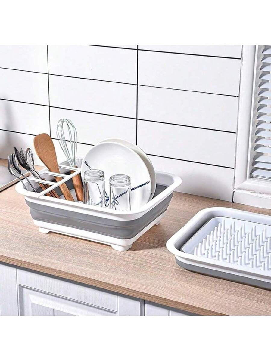 1pc Plastic Dish Rack, Collapsible Dish Drying Rack With Utensil Holder, Foldable Tableware Storage Rack, Kitchen Storage Basin, Space-Saving Sink Drainer For Home, RV