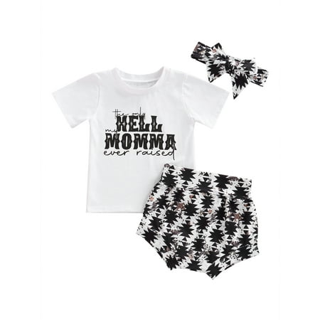 

Liliz 3-Piece Baby Girls Summer Outfit Letter Print Short Sleeve Tops + Shorts + Hairband for Toddlers 0-24 Months