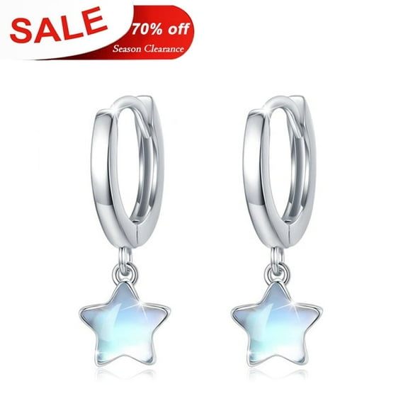 Cuoka Star Hoop Earrings 925 Sterling Silver Moonstone Earrings Dangle Earrings for Women Mom Wife 18K White Gold Plated Hypoallergenic Jewelry Birthday Xmas Gift for Sensitive Ears