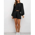 thumbnail image 3 of Women's 2 Piece Knit Outfits Puff Sleeve Crop Top Shorts Set Sweater Sweatsuit, 3 of 6