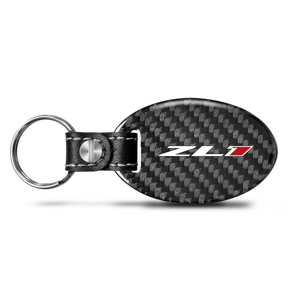 iPick Image for Chevrolet Camaro ZL1 Black Real Carbon Fiber Oval Shape with Black Leather Strap Key Chain, Official Licensed