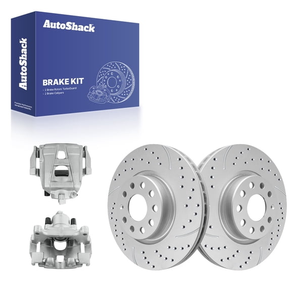 AutoShack Front Vented Drilled & Slotted Coated Brake Rotors Silver Matte Finish   Calipers 4-PC Brake Kit Replacement for 2012-2020 Volkswagen Passat 2015-2018 Audi Q3 TurboGuard 12.28" (312 mm)