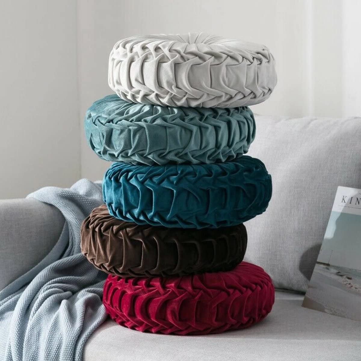 Ejiaya Round Velvet Pillow for Couch Small Handmade Decorative Throw Pillow for Bed Bedroom 13.7