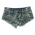 thumbnail image 1 of Pantalones cortos vaqueros ultracortos para mujer: diseño lavado de cintura baja con agujeros, tallas S-XL con cintura/cadera/longitud delantera, para uso informal/sexy., 1 of 8