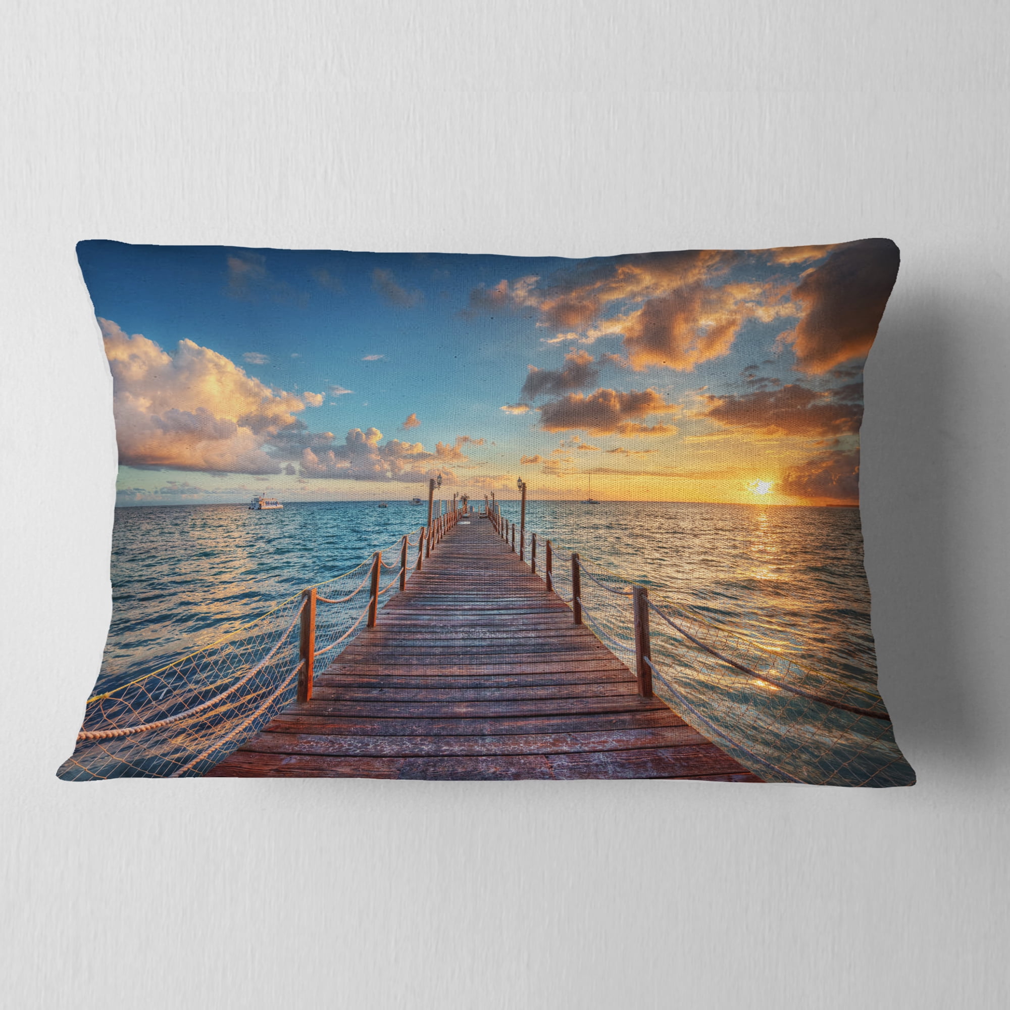 Designart Brilliant Sunrise over Sea Pier - Modern Throw Pillow - 12x20