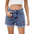 thumbnail image 3 of Womens Mid-High Waisted Cherry Embroidery Denim Jean Shorts Cutoff Stretchy Summer Hot Short Pants Blue S, 3 of 9