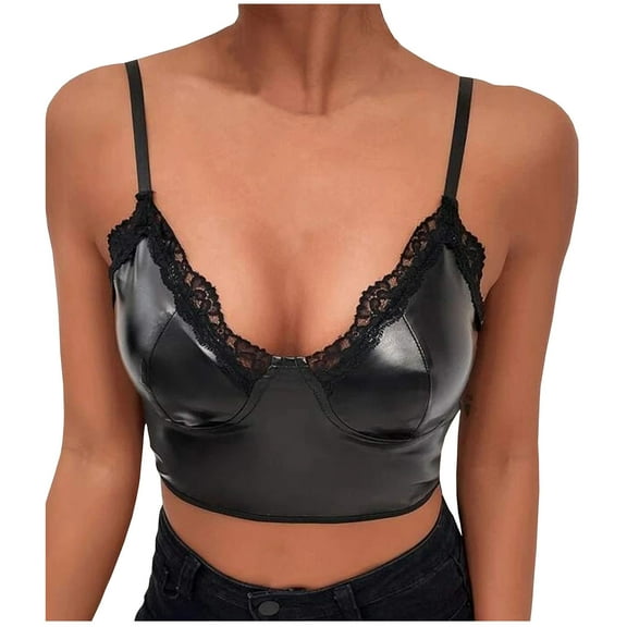 USSUMA Summer Tops for Women Trendy V Neck Sleeveless Dressy Shirts Blouses Spaghetti Strap Lace Crop Top Women's Tops Summer 2022 Leather Camisoles Casual Tshirts Tunic Plus