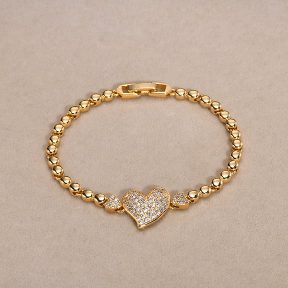 Heart Charm Chain Bracelets for Men, Luxury CZ Stone 14K Yellow Gold Link Chain Wristband Statement Jewelry