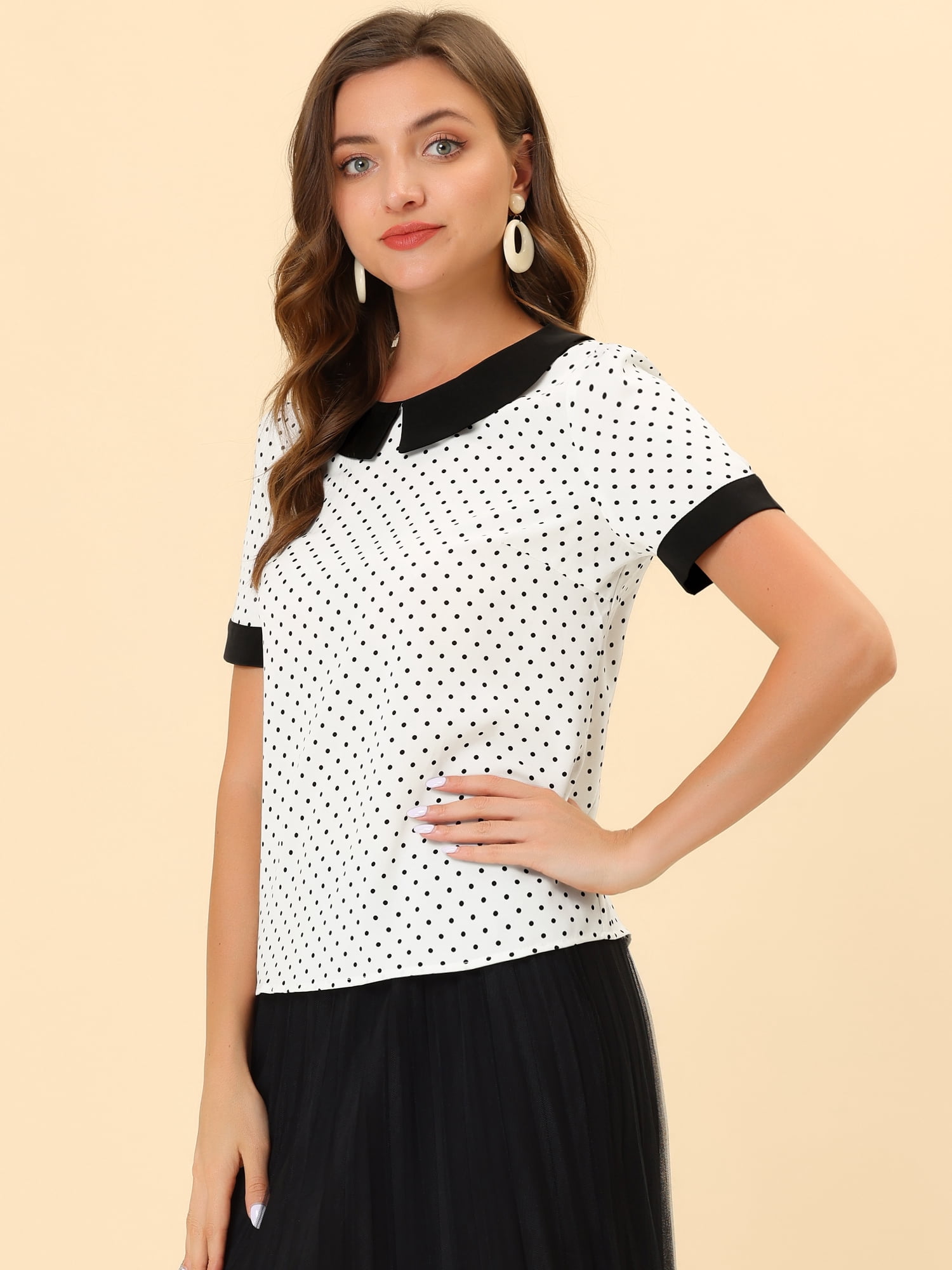 DARING DIVA Women's Peter Pan Collar Polka Dots Short Sleeve Tops S White
