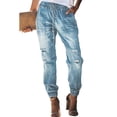 thumbnail image 2 of Pantalones de bolsillo rasgados para mujer Pantalones casuales con cordón lavado en la cintura elástica con cordón de mezclilla Fridja  hfkajh99252, 2 of 7