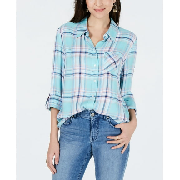 Style & Co Plaid Roll Tab Shirt Coastal Vibes XL