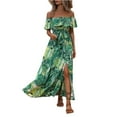 thumbnail image 2 of Women Ruffle Floral Maxi Summer Dress Off Shoulder Short Sleeve Backless Flounce Bodice Slit Hem Beach Dresses Green S, 2 of 6