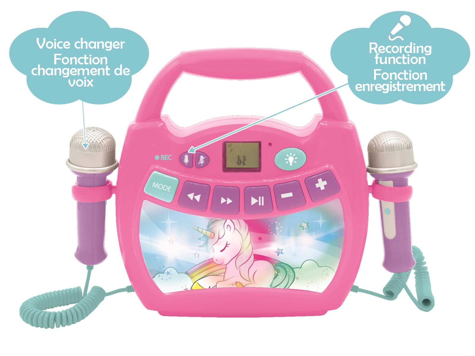 Lexibook Unicorn - Portable karaoke digital player for kids – Microphones, Light effects, Bluetooth, Record and voice changer functions, Rechargeable battery, Pink