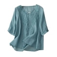 thumbnail image 1 of Camiseta de manga corta con cuello en V y bordado para mujer - Top fino y transpirable de alta densidad, mezcla de lino, M-XXL, 1 of 5