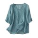 thumbnail image 1 of Camiseta de manga corta con cuello en V y bordado para mujer - Top fino y transpirable de alta densidad, mezcla de lino, M-XXL, 1 of 5