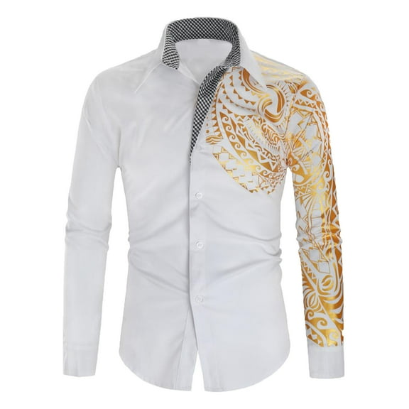 IROINNID Deals Long Sleeve Shirts for Men Casual Turndown Collar Button Print Top Blouse,White