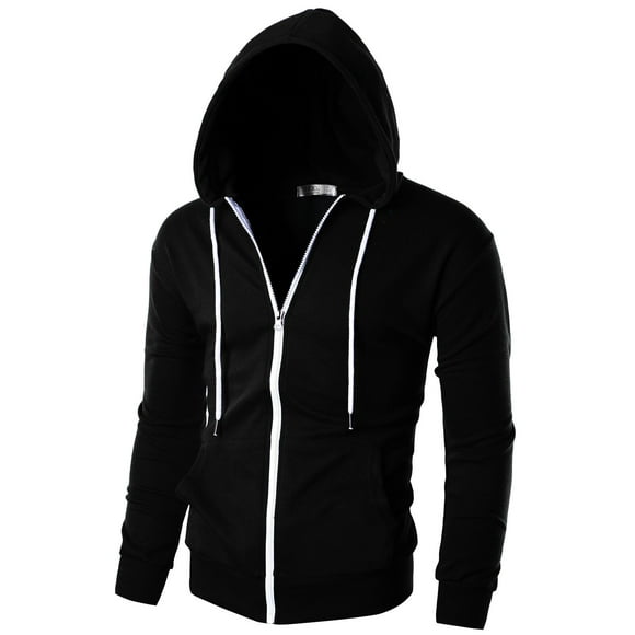 Ohoo Mens Slim Fit Long Sleeve Lightweight Zip-up Hoodie With Kanga Pocket/DCF002-BLACK-S