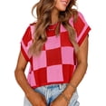 thumbnail image 2 of Color Block Plaid Print Cap Sleeve Women Casual Knit Sweater Vest Crop Tops, 2 of 6