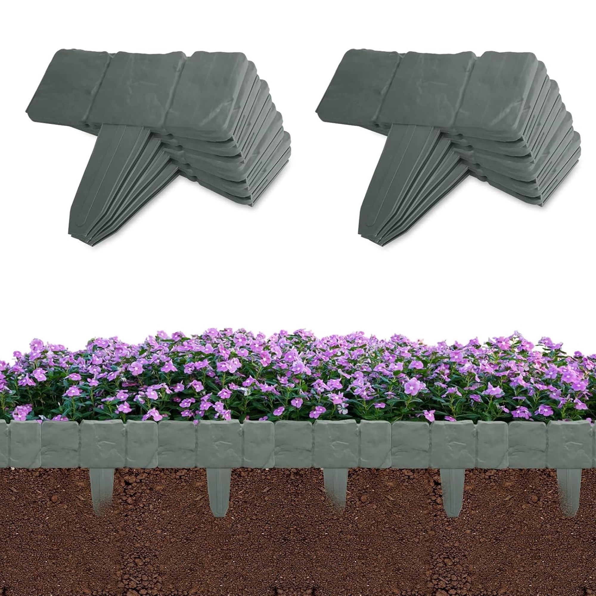 Plastic Garden Edging Kits-No-Digging- Decorative Flower Bed Fences for Landscaping,30 Pieces of Black Interlocking Lawn Stakes(25ft Length)