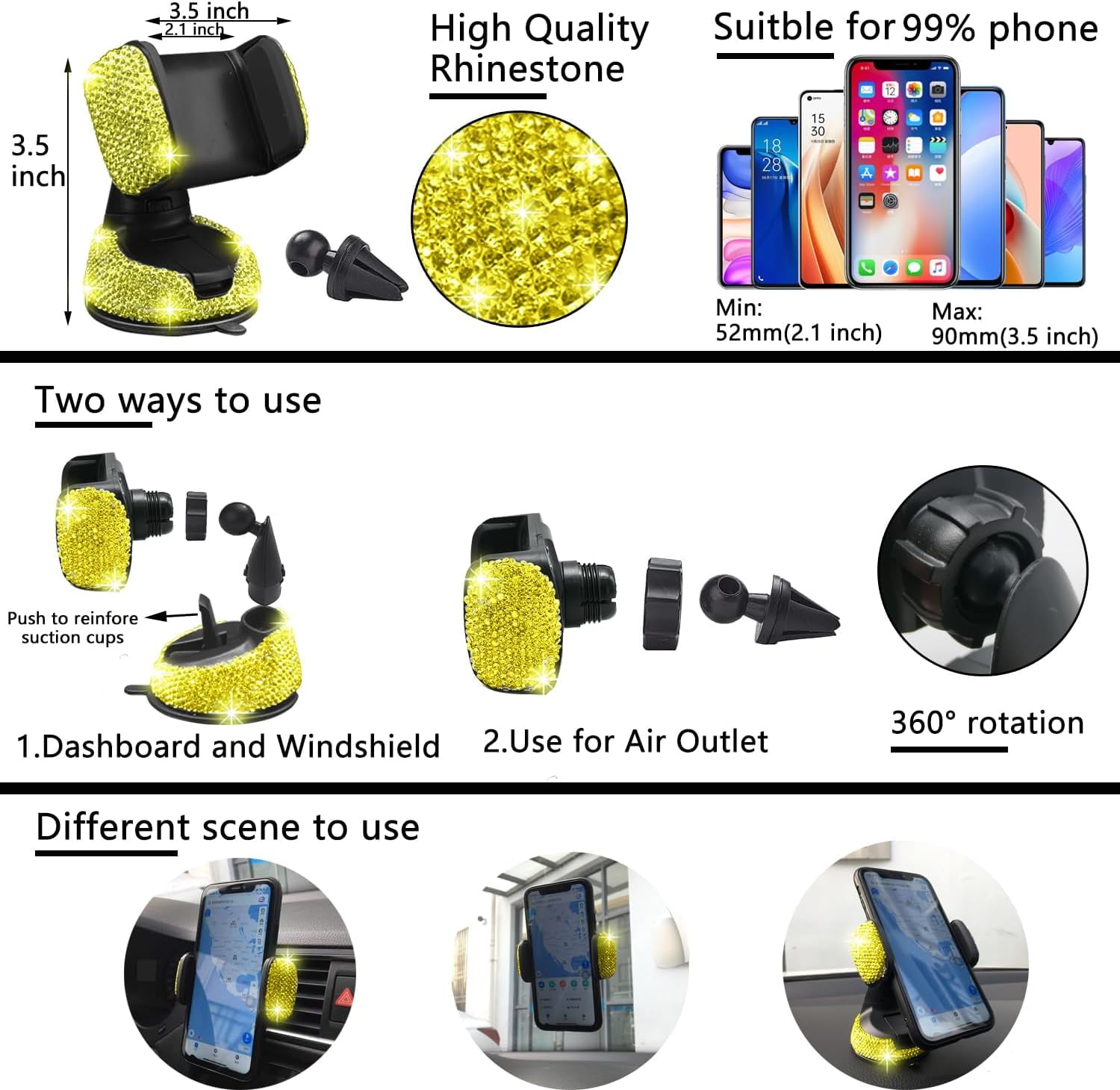 27-Piece Yellow Bling Car Accessories Set - Universal Fit Steering Wheel Covers, License Plate Frame, Phone Holder, Car Coasters