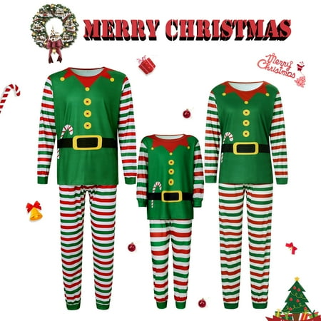 

Christmas Family Matching Elf Pajamas Set Striped Print Xmas Holiday Sleepwear Loungewear Outfits for Adult Kids Dogs
