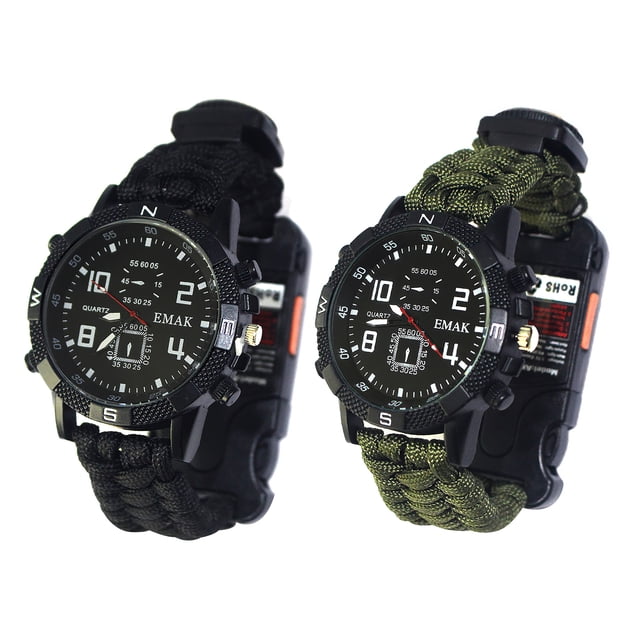 Outdoor Multifunctional Watch Alloy Portable Survival LED Emergency Torch Light Rope Compass Whistle Clock Rope Band Watch USB Rechargeable Heavy Attack Resistant Watch