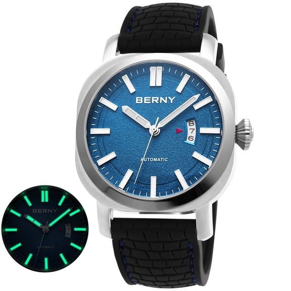 BERNY Automatic Watch for Men, Sport 10ATM Waterproof Mechanical Watch with Silicone Strap, Date Calendar, Super Luminous, Sapphire Glass, Fashionl Men's Diver Wristwatch, Blue